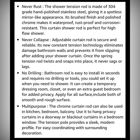 New! Tension Shower Curtain Rod - Never Rust Non-Slip Adjustable Closet Rod, Chr - Picture 8 of 14